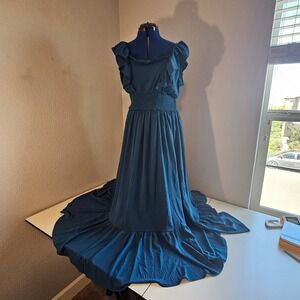 Joyfolie womens lrg dress ruffle cap sleeve teal maxi romantic western classy